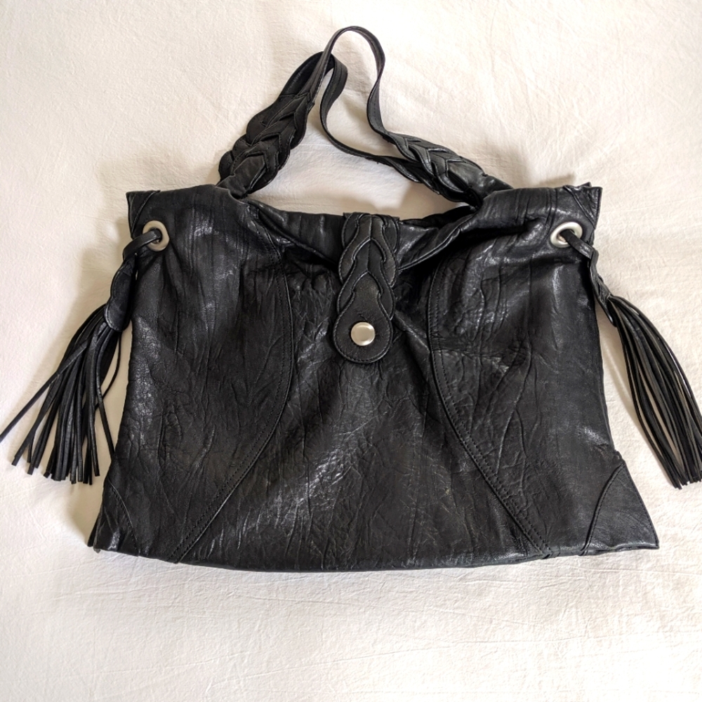 New Junior Drake Black Tassel Leather Shoulder Bag Tablet Laptop Case Tote